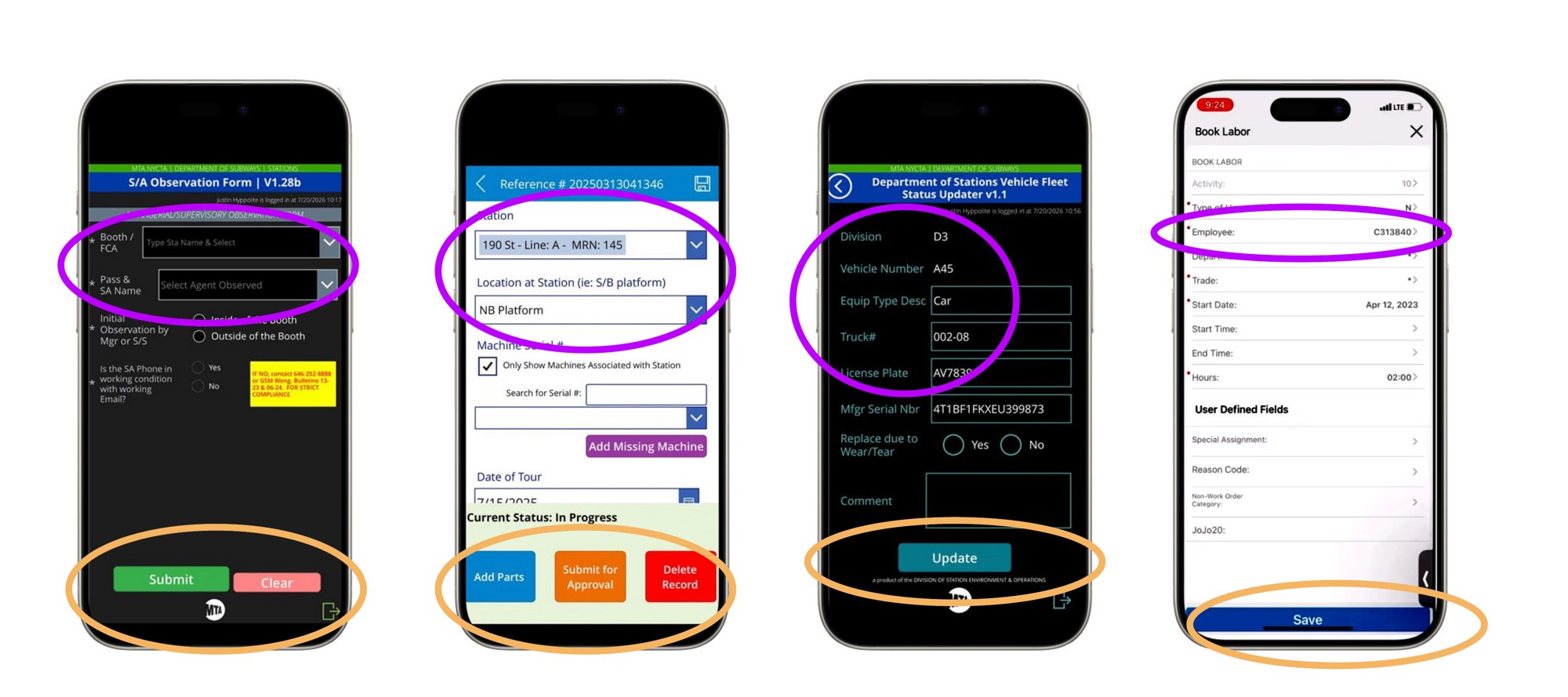 Four existing MTA PowerApps with different buttons and field names