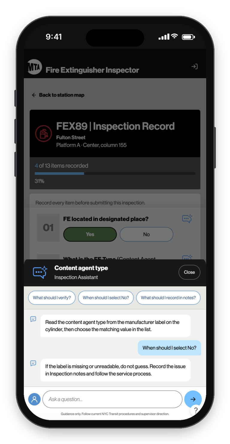Inspection Assistant answering a question about a checklist item